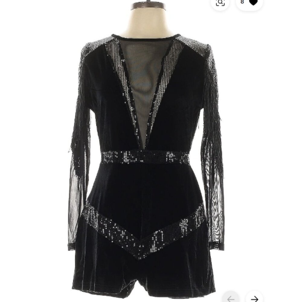 Boohoo Black Sequin Romper Mesh Sexy Sequins Tassles Long Sleeves
